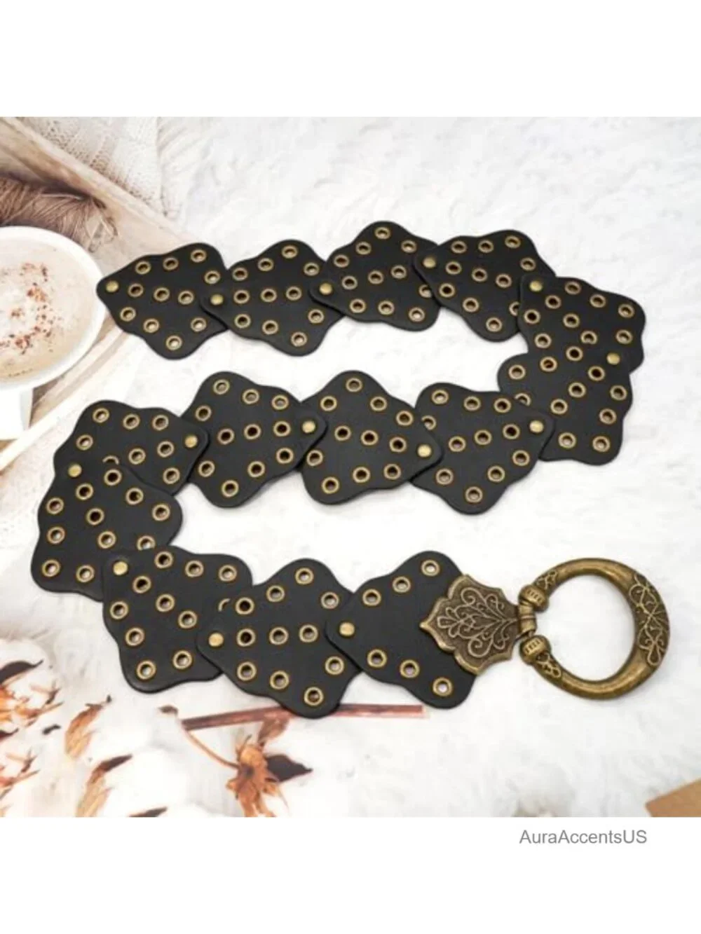 Vintage Hollow Boho Wide Disc PU Leather Belt with Metal Buckle